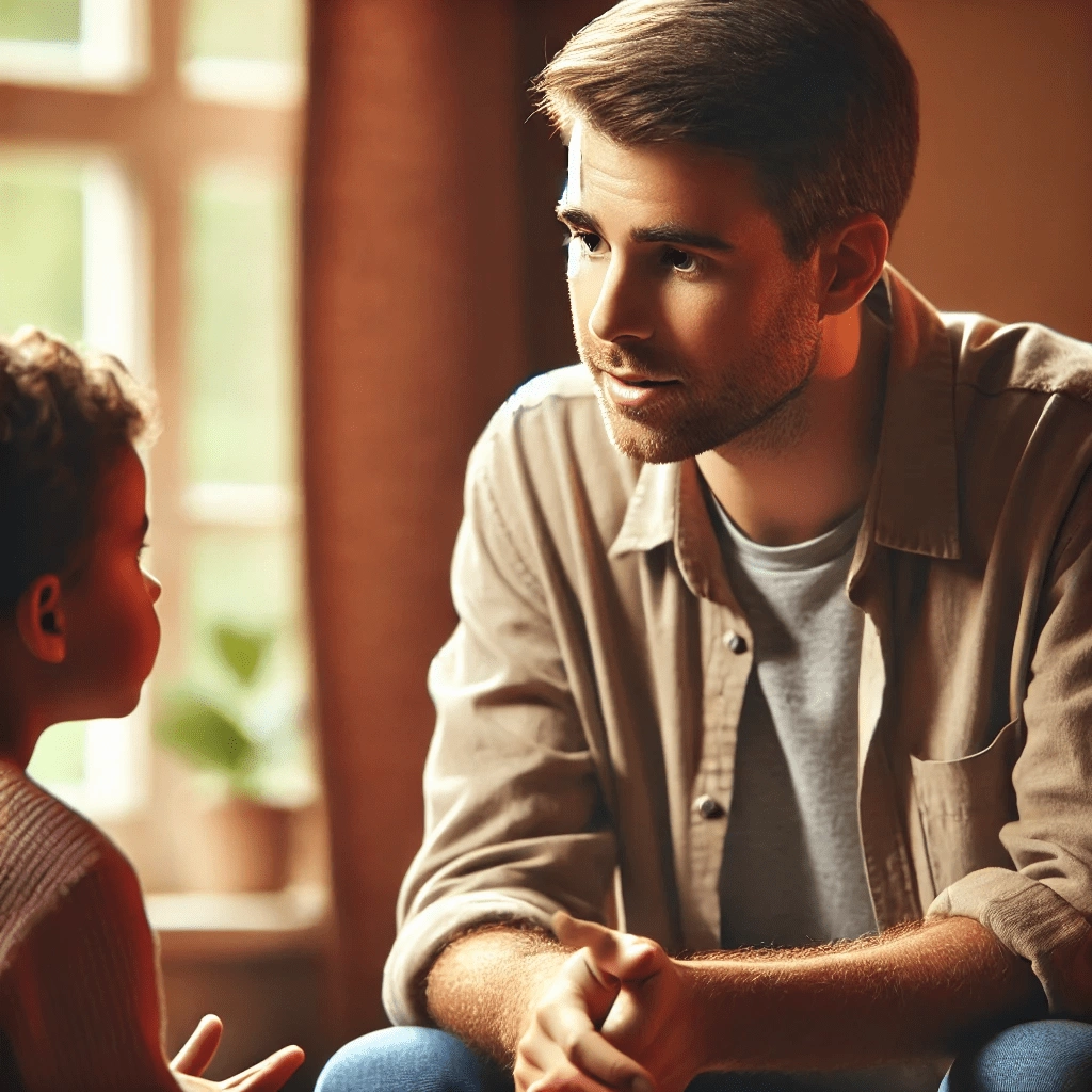 How to Win a 51A Hearing in Massachusetts: DCF Defense Lawyer Tips 21 A caring adult talking to a child, providing reassurance and support in a home setting. The adult looks attentive and empathetic, while the child looks comforted.
